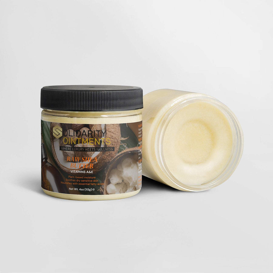 Organic Raw Shea Butter in jar, plant-based moisturizer, enriched with Vitamins A & E, ideal for skin and hair care.