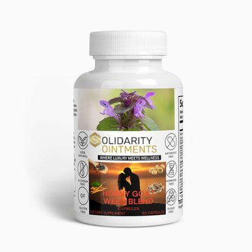 Horny Goat Weed Blend capsules bottle with herbal ingredients for sexual health, 60 capsules.