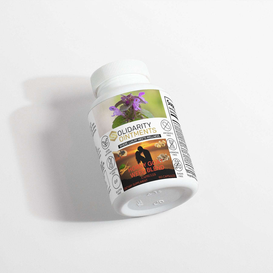 Horny Goat Weed Blend supplement bottle with herbal ingredients for sexual health and stamina.