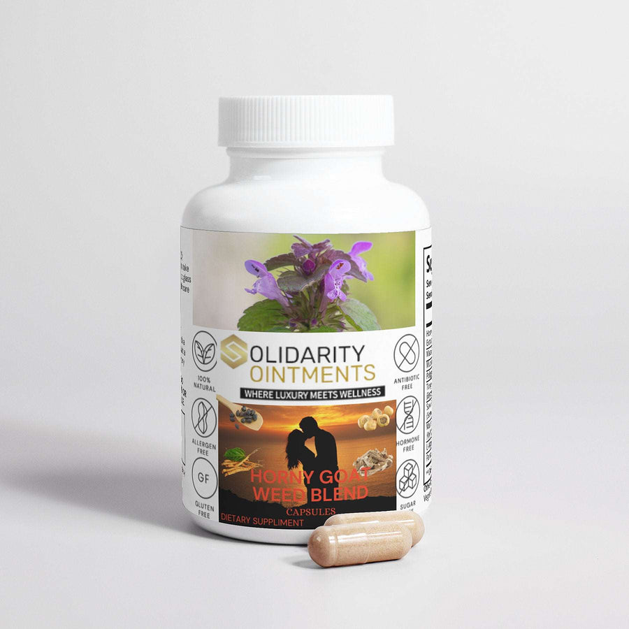 Horny Goat Weed Blend supplement bottle with capsule, promotes sexual health and stamina, gluten-free, lactose-free, allergen-free, hormone-free, all-natural, antibiotic-free.