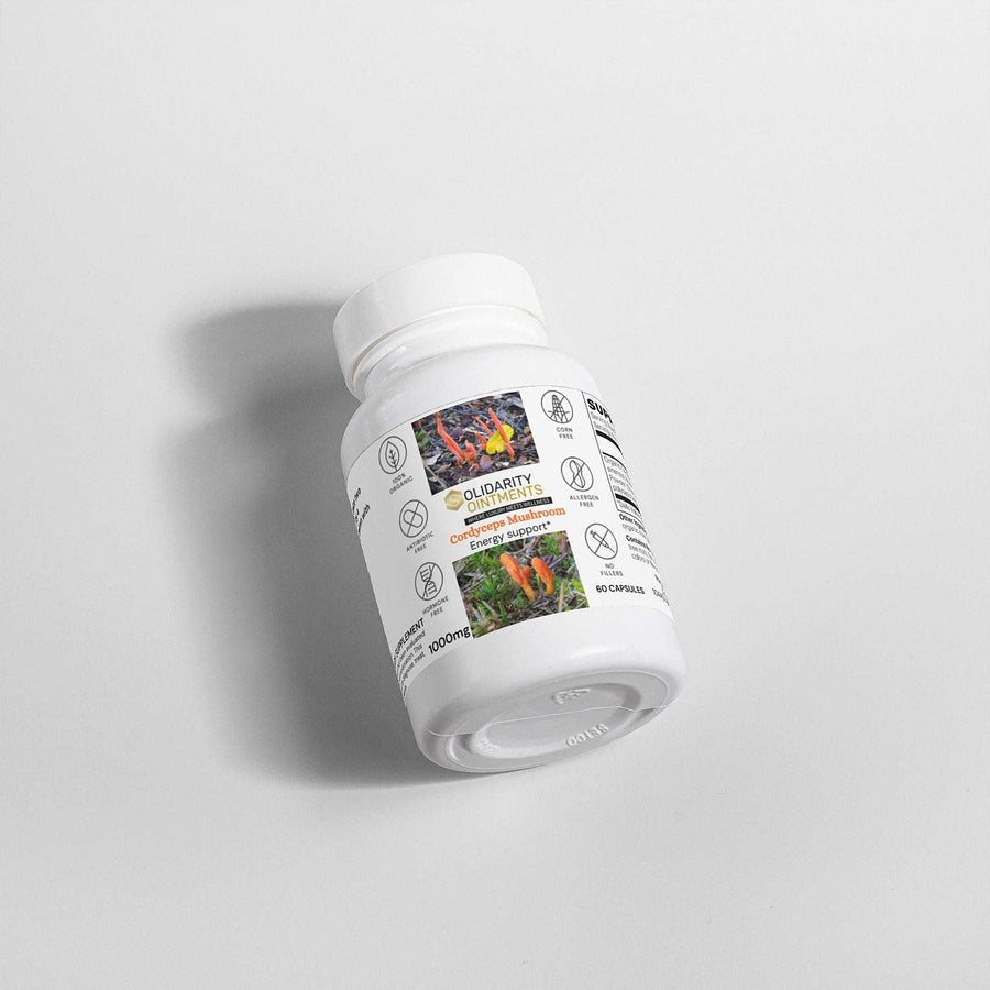 Cordyceps Mushroom supplement, 60 vegan capsules, organic and allergy-friendly packaging.