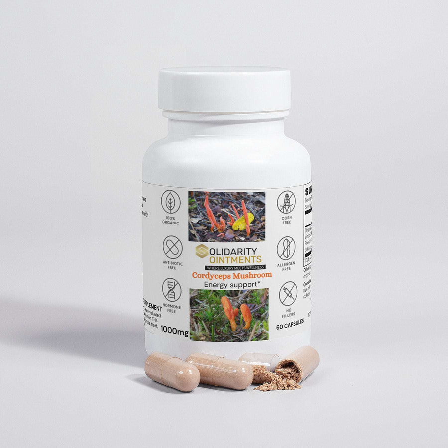 Cordyceps mushroom supplement bottle with capsules, vegan, organic, non-GMO, 60 capsules, energy support.