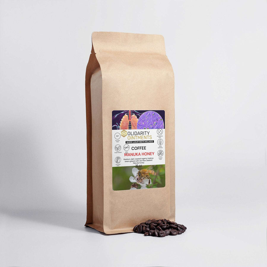 Manuka Honey Coffee 16oz bag with medium-dark roasted Arabica beans, infused with New Zealand Manuka honey.