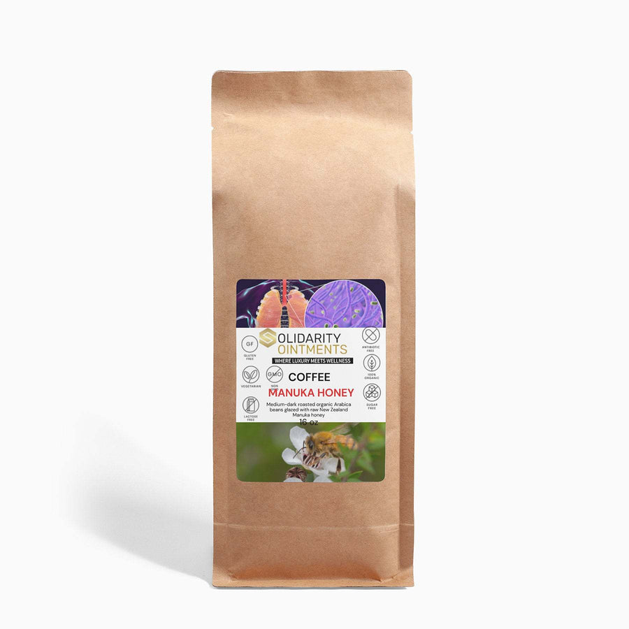 Manuka Honey Coffee 16oz bag with medium-dark roasted Arabica beans glazed in New Zealand Manuka honey, organic and allergen-free.