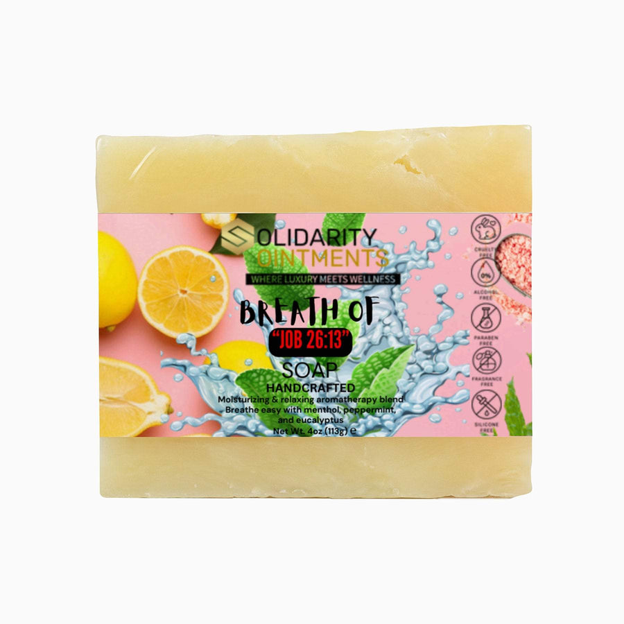 Natural Breath of Job 26:13 Soap with eucalyptus, peppermint, and lemon oils, 4 oz. Vegan, cruelty-free, sulfate-free.