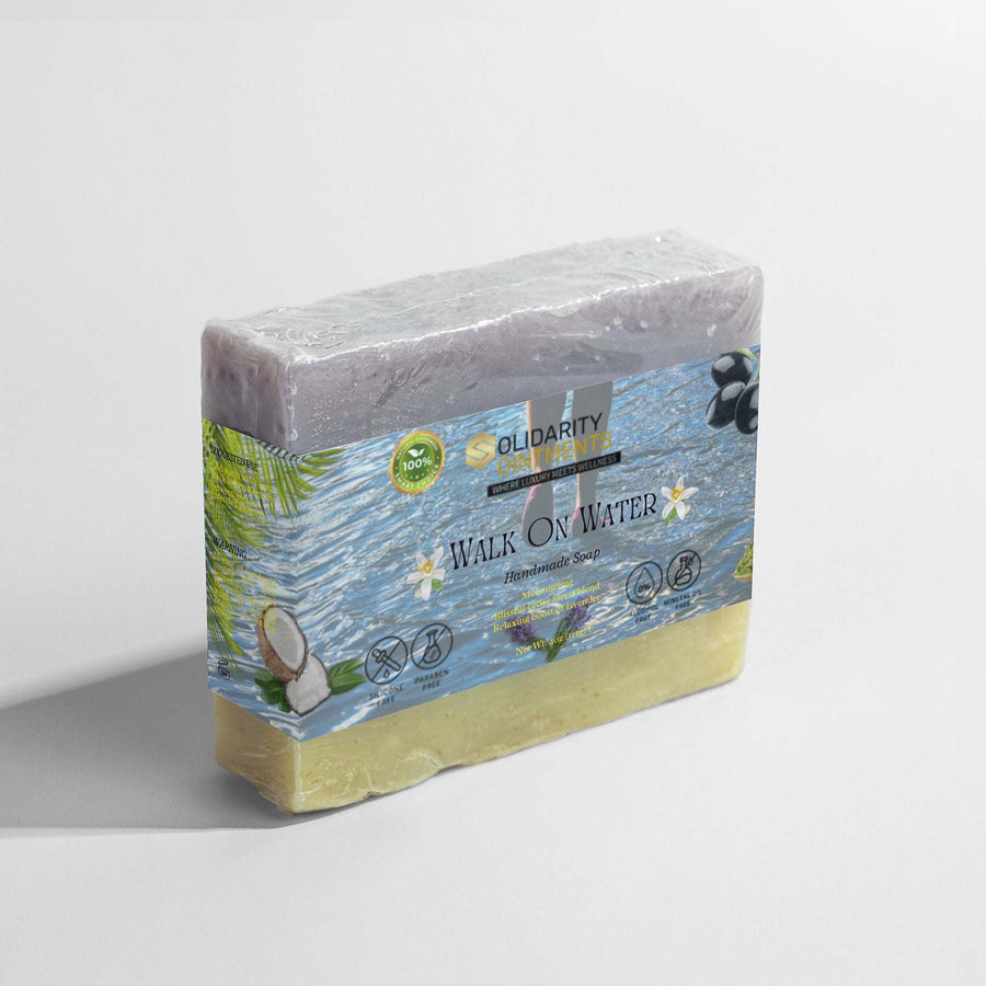 Walk on Water soap bar with moisturizing blend, featuring Fir Needle and Lavender aroma.