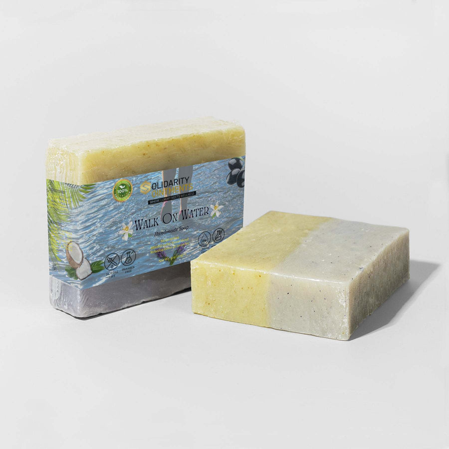 Luxurious Walk on Water soap with a calming Fir Needle and Lavender aroma, offering weightless hydration and serenity.