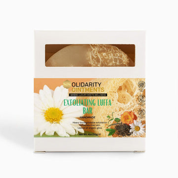 Exfoliating Luffa Soap Bar with natural luffa fibers for gentle skin exfoliation and rejuvenation.