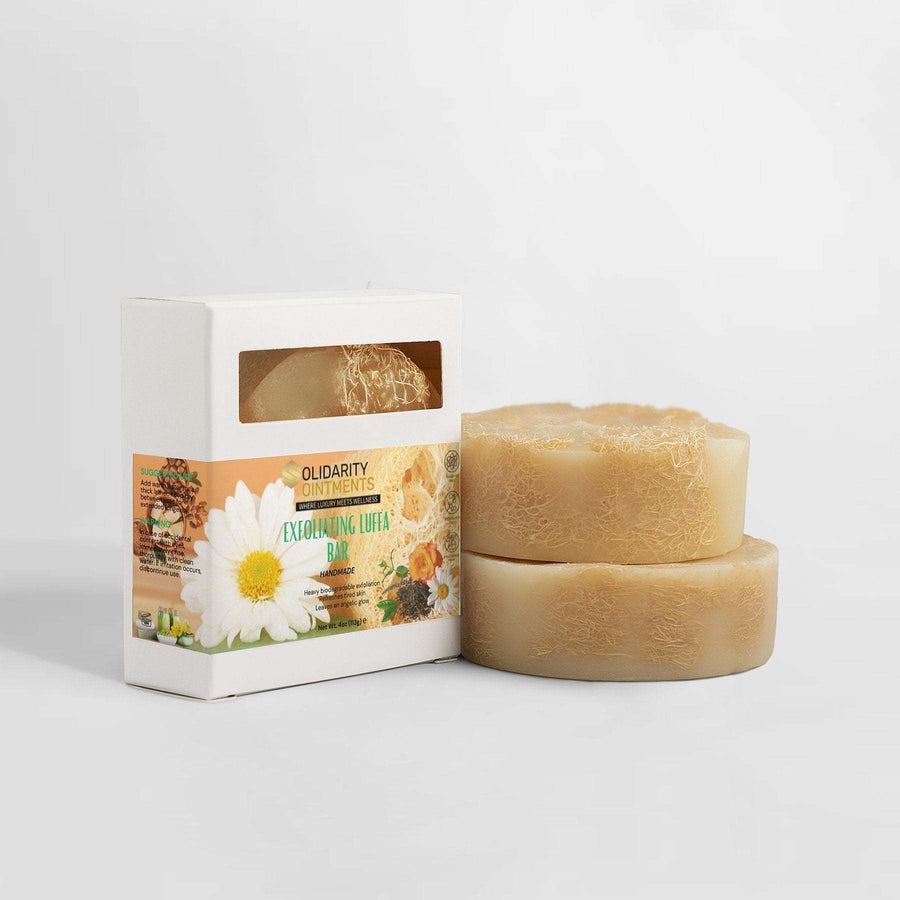 Exfoliating Luffa Soap Bar with natural luffa fibers for smooth and radiant skin, 4 oz, made in USA.