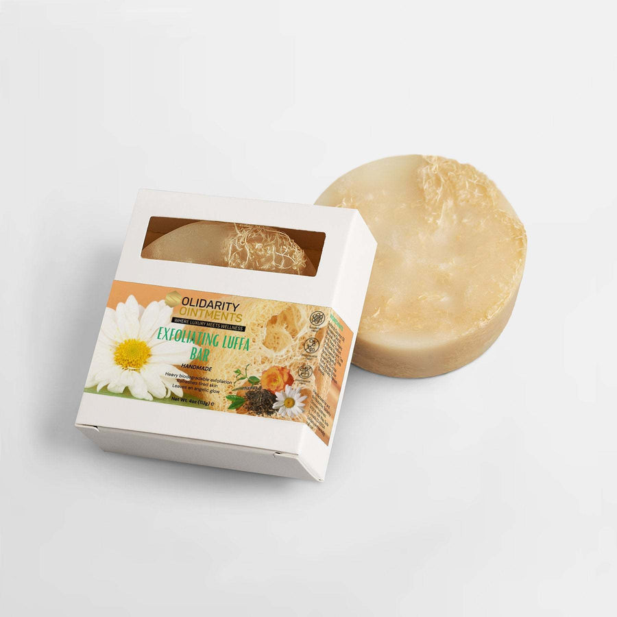 Exfoliating Luffa Soap Bar with natural luffa fibers for skin rejuvenation and smoothness.