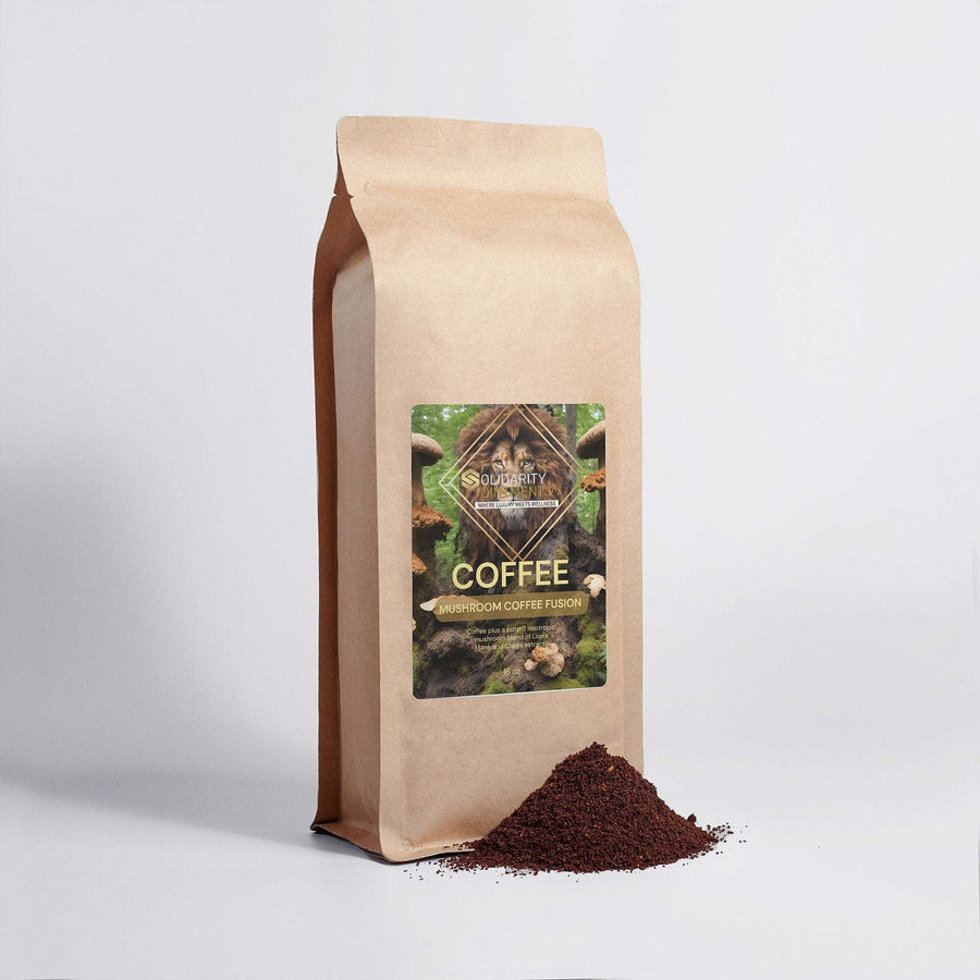 Mushroom Coffee Fusion with Lion’s Mane & Chaga, 16oz ground coffee package.