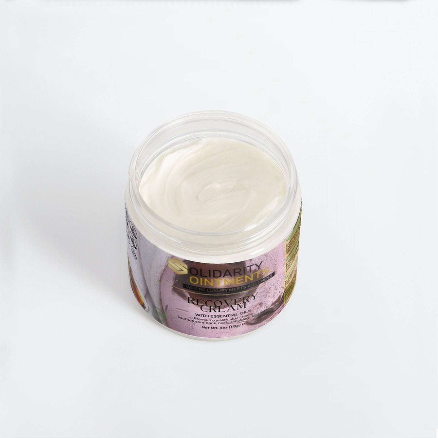 Recovery Cream with aloe and essential oils in a 4 oz jar for hydrating skin care.