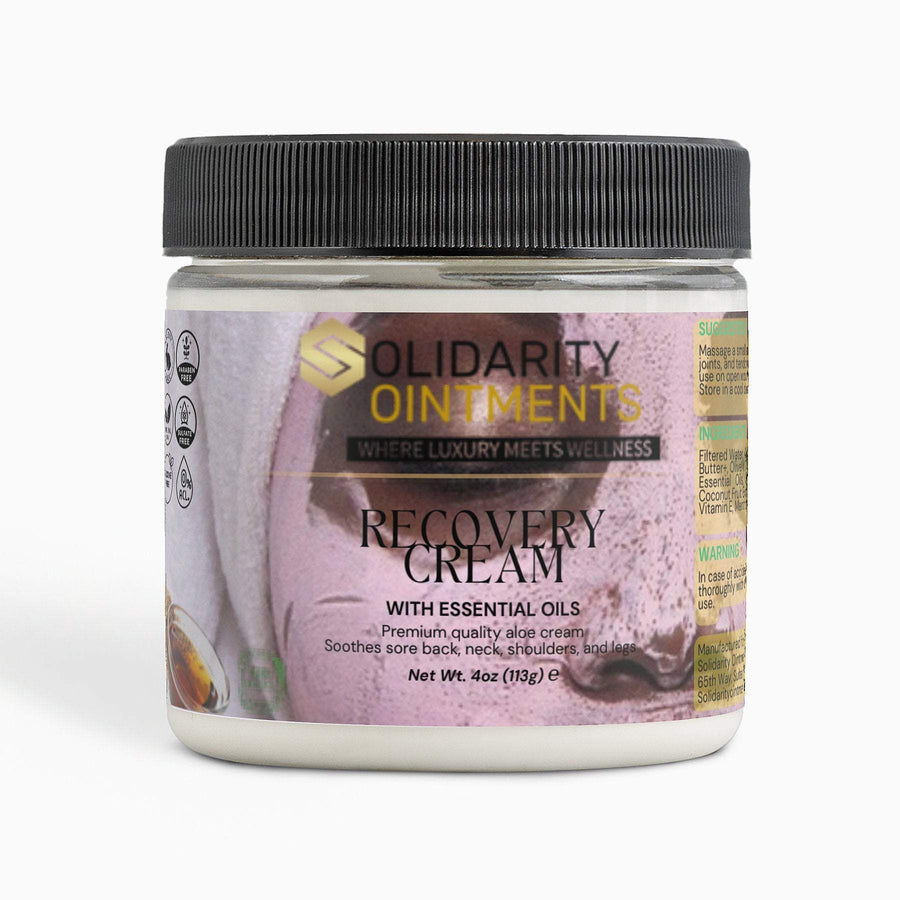 Recovery cream in a 4 oz jar with essential oils, providing premium skin hydration and relaxation benefits.