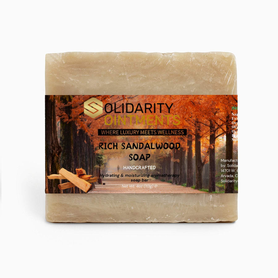 Rich Sandalwood Soap bar with luxurious handcrafted label, ideal for sensitive skin.