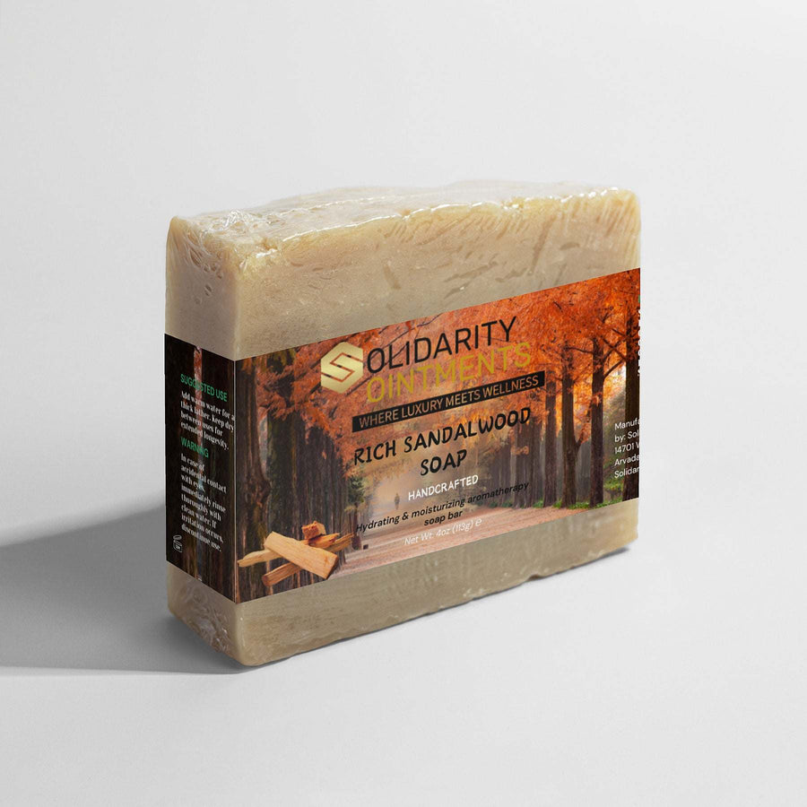 Rich Sandalwood Soap in packaging, ideal for sensitive skin, moisturizing and eco-friendly.