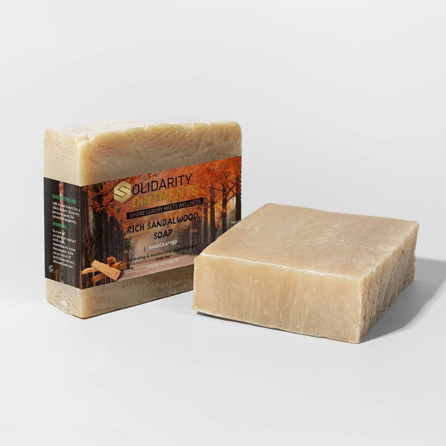 Rich Sandalwood Soap bar made with organic ingredients, suitable for sensitive skin and offering a luxurious sandalwood aroma.