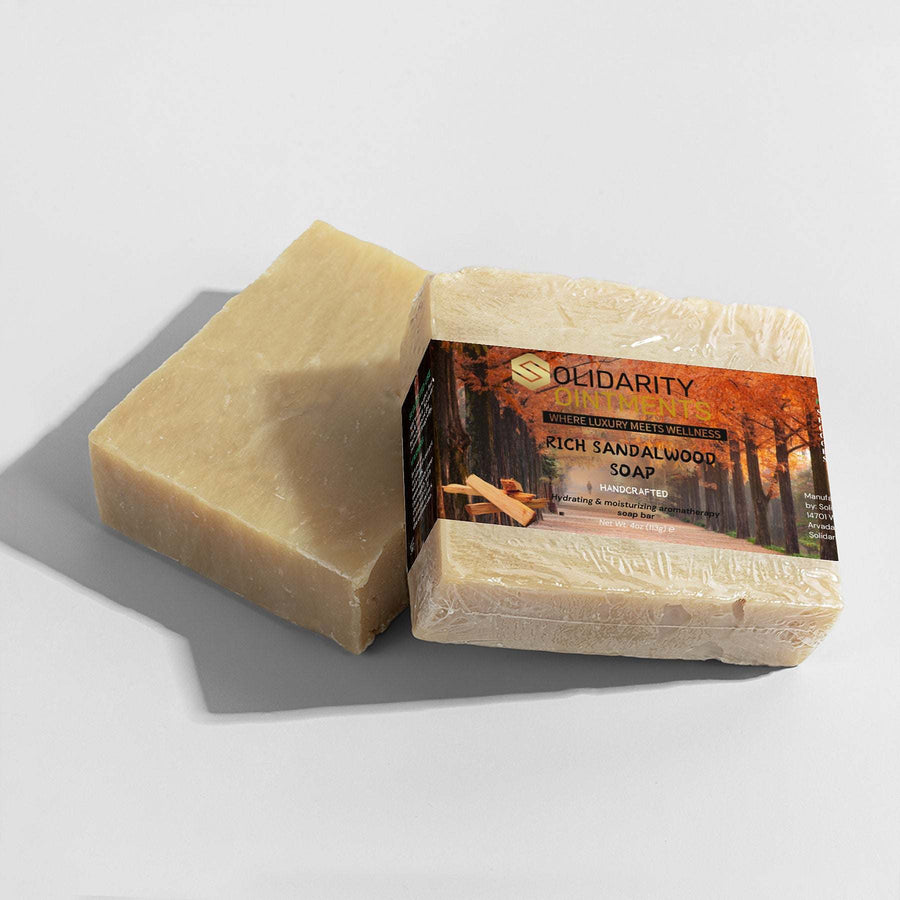 Rich Sandalwood Soap bar with luxurious aroma and nourishing ingredients for sensitive skin.