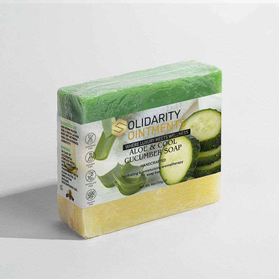 Aloe & Cool Cucumber Soap bar, vegan-friendly and non-GMO, promotes hydration and freshness with aloe vera and cucumber essence.