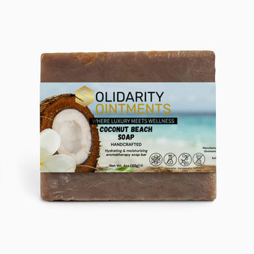 Coconut Beach Soap bar with tropical paradise scent and nourishing organic oils for sensitive skin.