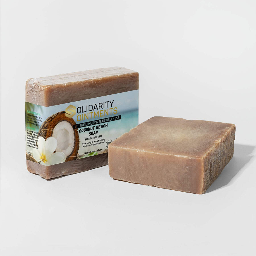 Coconut Beach Soap with tropical fragrance and organic ingredients for sensitive skin.