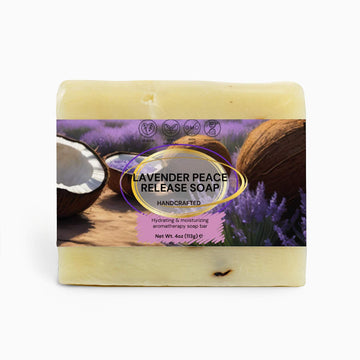 Lavender Peace Release Soap bar with lavender fields and coconut imagery, handcrafted for sensitive skin, 4oz.