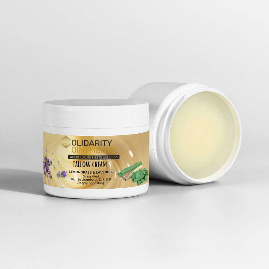 Tallow Cream Lemongrass & Lavender in white jar, luxurious hydration for radiant skin, 2 oz.