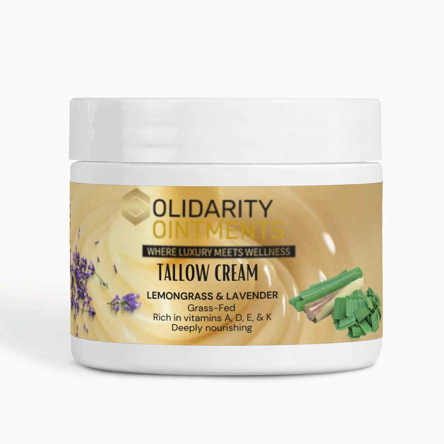 Tallow Cream Lemongrass & Lavender jar, luxurious hydration for radiant skin with vitamins A, D, E, K; grass-fed, natural ingredients.