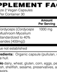 Cordyceps mushroom supplement facts label, 1000mg per serving, vegan capsules.