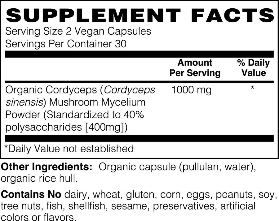 Cordyceps mushroom supplement facts label, 1000mg per serving, vegan capsules.