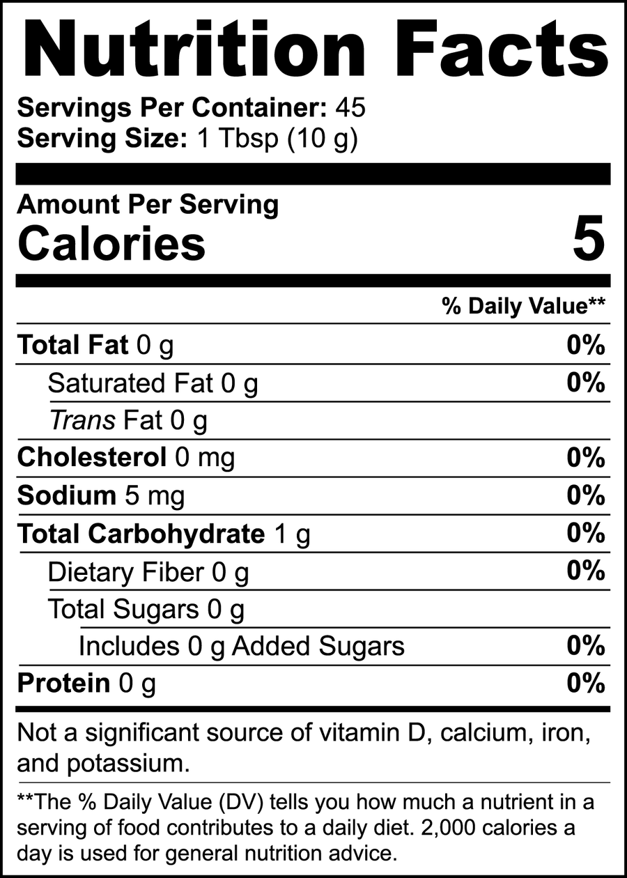 Nutrition facts label for Mushroom Coffee Fusion, 16oz: 5 calories per serving, 0g fat, 1g carbohydrate, 0g protein.