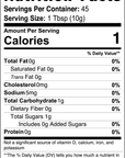 Nutrition facts label for Manuka Honey Coffee, showing 1 calorie per serving with 0g fat, 0mg cholesterol, 5mg sodium, 1g total carbohydrates, 0g protein.