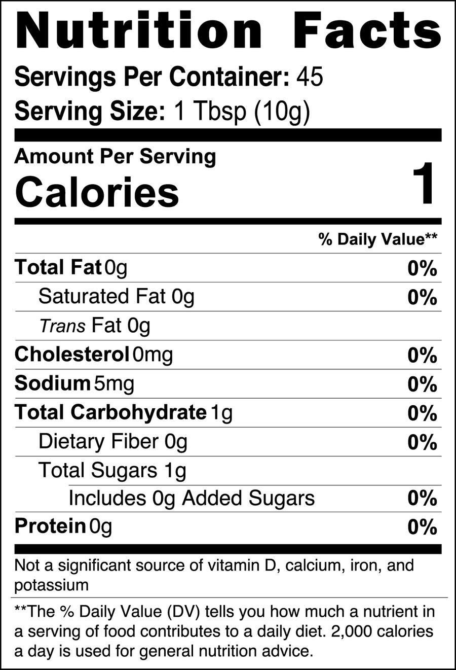 Nutrition facts label for Manuka Honey Coffee, showing 1 calorie per serving with 0g fat, 0mg cholesterol, 5mg sodium, 1g total carbohydrates, 0g protein.